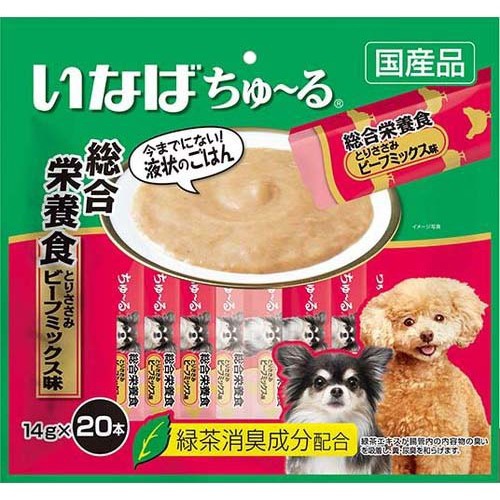 他サイト： いなば 犬用ちゅ〜る 総合栄養食 とりささみ ビーフミックス味(14g*20本入)[犬のおやつ・サプリメント]の商品画像