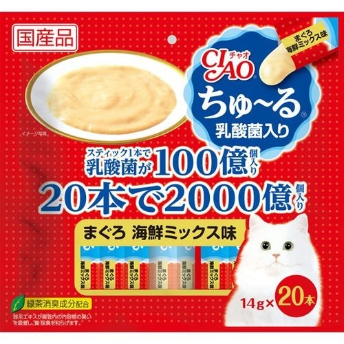 他サイト： チャオ ちゅ〜る 乳酸菌入り まぐろ海鮮ミックス味(14g*20本入)[猫のおやつ・サプリメント]の商品画像