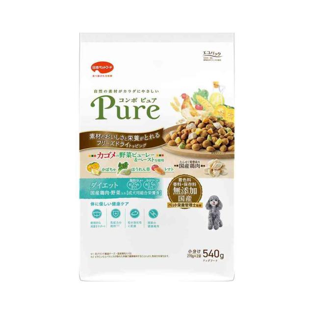他サイト： 日本ペットフード コンボ ピュア ドッグ ダイエット 国産鶏肉・野菜入り 540g(270gx2)  の商品画像