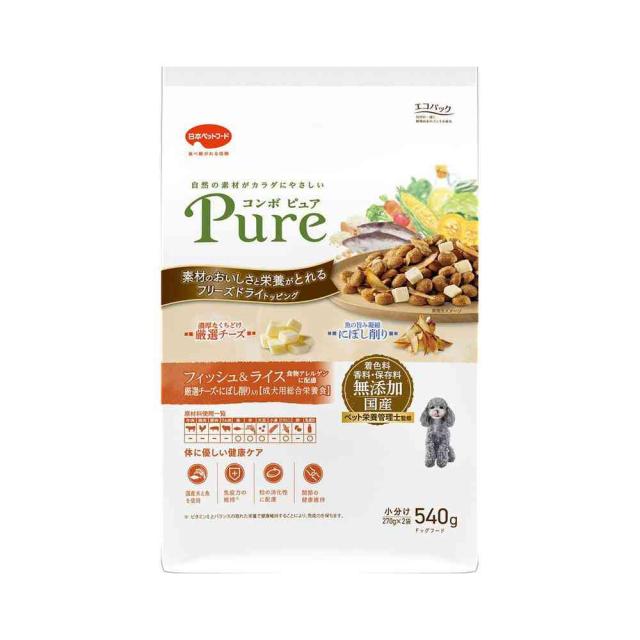 他サイト： 日本ペットフード コンボ ピュア ドッグ フィッシュ&ライス 厳選チーズ・にぼし削り入り 540g(270gx2)  の商品画像