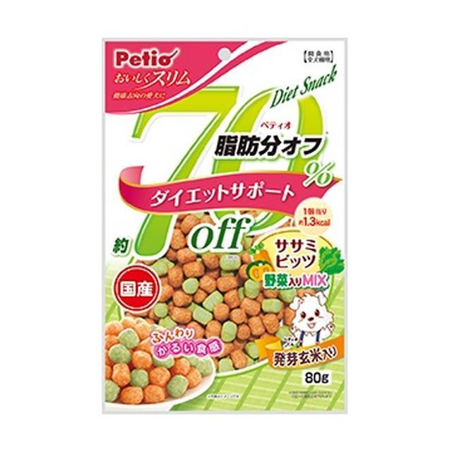 他サイト： ペティオ おいしくスリム 脂肪分約70%オフ ササミビッツ 野菜入り 80Gの商品画像