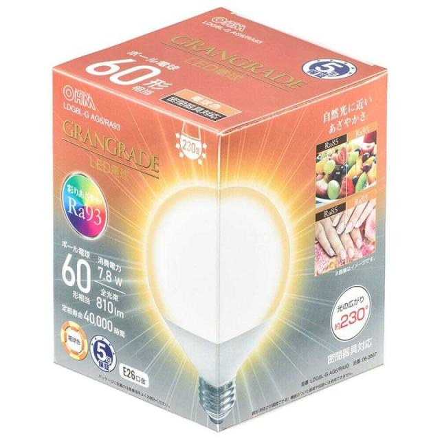 他サイト： オーム電機 LED電球 ボール電球形 E26 60形相当 1個  の商品画像