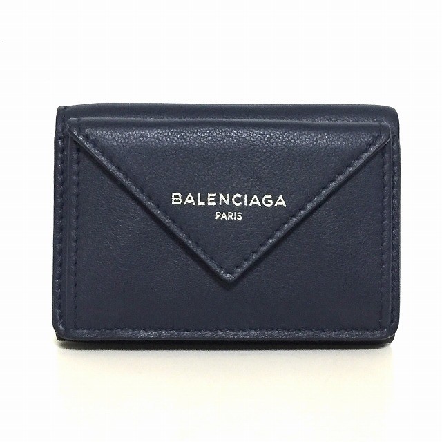 バレンシアガ BALENCIAGA 3つ折り財布 レディース ペーパーミニウォレット 391446 ネイビー レザー【中古】20220329の