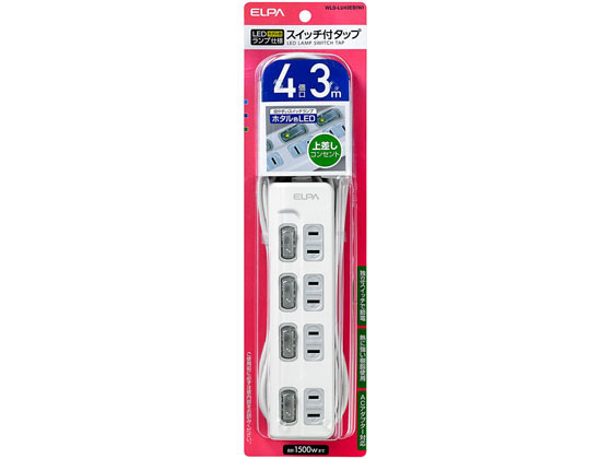 他サイト： LEDスイッチ付タップ 上差2P4個口3m 朝日電器 WLS-LU43EB(W)の商品画像