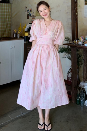 韓国 ファッション レディース 夏 ムラ染めパフスリーブワンピース ウエストリボン ガーリースタイル 春夏 ｖネック ボリューム袖 ふんわの通販はau Pay マーケット ショップモール To You