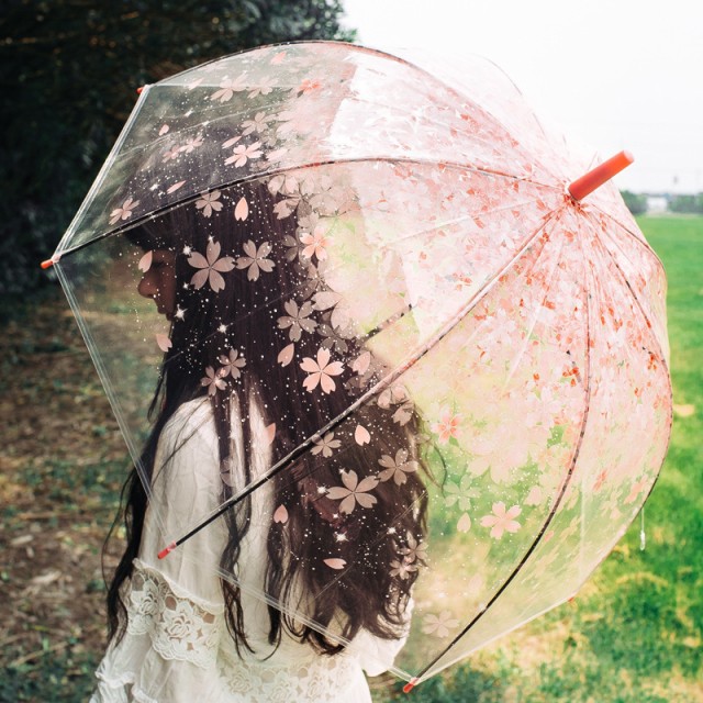 女の子 長傘 55cm ビニール傘 おしゃれ ワンタッチ ドーム型 雪・雨が見える 聞こえる 頑丈な8本骨 桜  可愛い きれいめ 花柄 レディース
