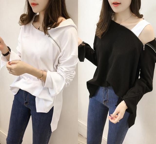 ワンショルダー パーカー 春服 レディース 韓国 ファション レディース プルオーバー ジップパーカー レイヤード 肩出し アシンメトリー の通販はau Pay マーケット Vestito 商品ロットナンバー