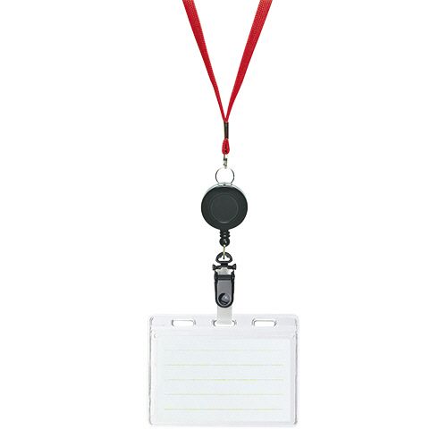 他サイト： リール式吊下げ名札 2枚収納タイプ ソフト 赤 1個の商品画像