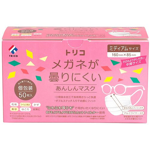 他サイト： メガネが曇りにくいあんしんマスク 個包装 ミディアムサイズ 1箱(50枚)の商品画像