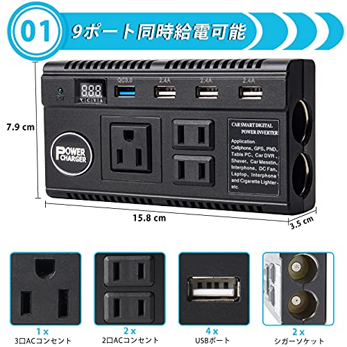 72時間限定タイムセール カーインバーター 車載充電器 1w Dc12v 24v をac110vに変換 カーチャージャー 12v車 24vトラック対応 アダプター Acコンセント 3口 2 再再販 Farmerscentre Com Ng