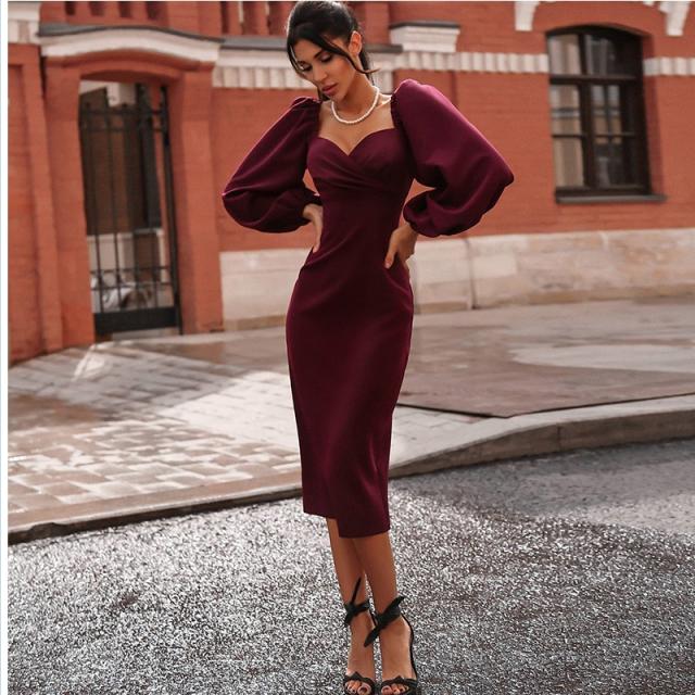 大人 ワンピース タイト 膝丈 レディース バルーン袖 ワンピース ドレス Iライン Vネック ひざ丈 タイト スリム セクシー エレガント パの通販はau Wowma ワウマ ベースキャンプ 商品ロットナンバー