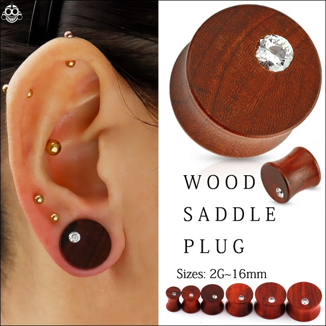 ★早い者勝ち★ 赤みがかったオシャレなウッドピアス 14mm 16mm クリアストーン ダブルフレア【BodyWell】|au Wowma!(ワウマ)