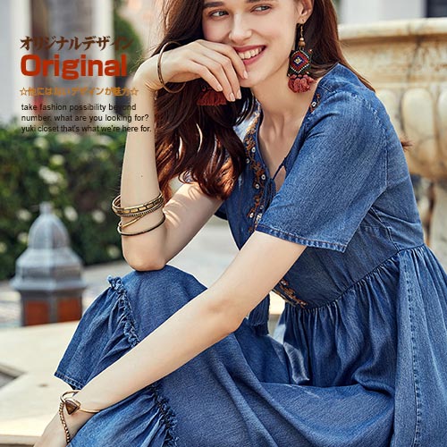 ラッピング無料 返品も保証 デニムワンピース シンプル ユーズド加工 水洗い加工 エスニック ハイウエスト ゆるかわ Aライン 半袖 胸元刺繍 裾フリル ミディアム丈 新品即決 Airportandgo Com