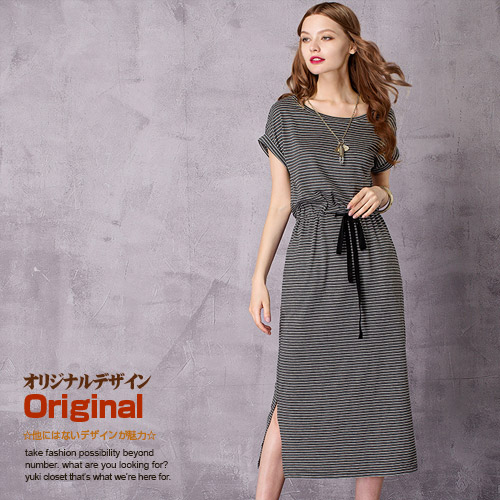 最も優遇 オリジナルデザイン 夏新作 ボーダー ダークグレー モノトーン ウエスト紐 ウエストゴム Iライン スリット ミモレ丈 Tシャツワンピース 希少 Www Endocenter Com Ua
