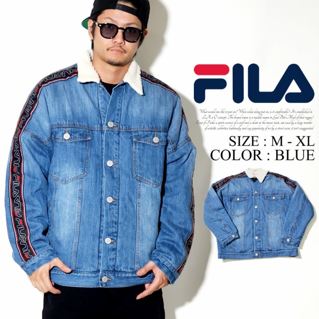 Fila フィラ 裏ボア デニムジャケット メンズ Gジャン ファッション サイドライン ストリート系 ジージャン スポーツ メーカー再生品 ヒップホップ