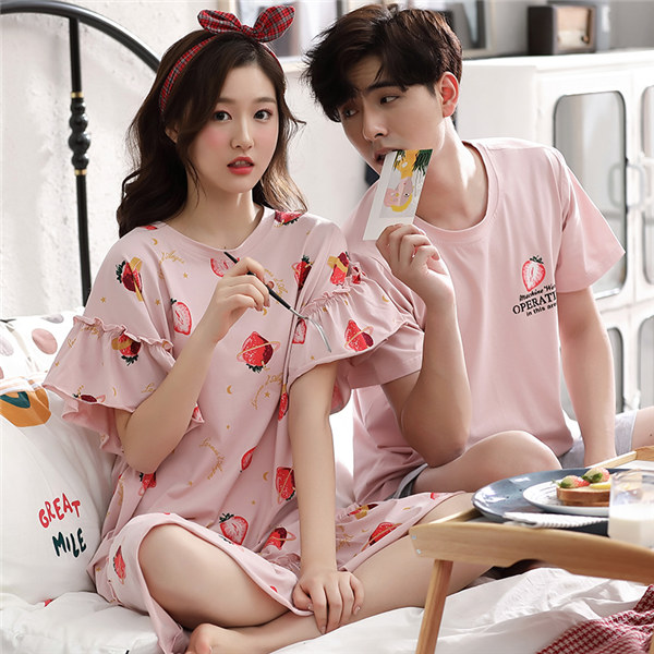 苺柄 ピンク 可愛い過ぎ 男女ペア パジャマ 春 夏 安売り おしゃれ 上下セット 結婚祝い ペア 寝間着 記念日 カジュアル
