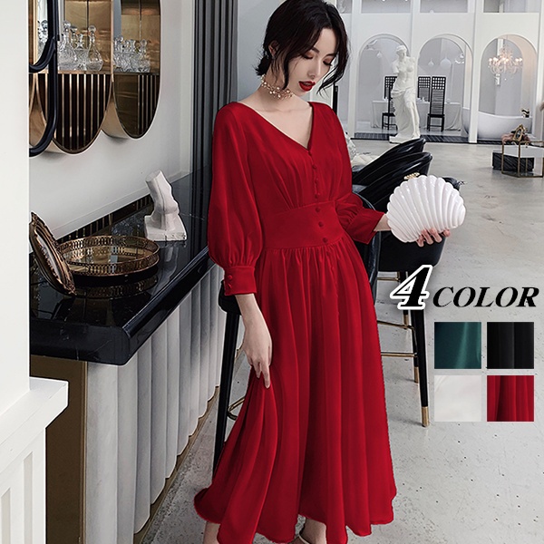 別注 パーティードレス 結婚式 ワンピース フォーマル ワンピース ミモレ丈 フォーマルドレス ミモレ丈 袖あり ホワイト ワインレッド ブラッ 大決算売り尽くし