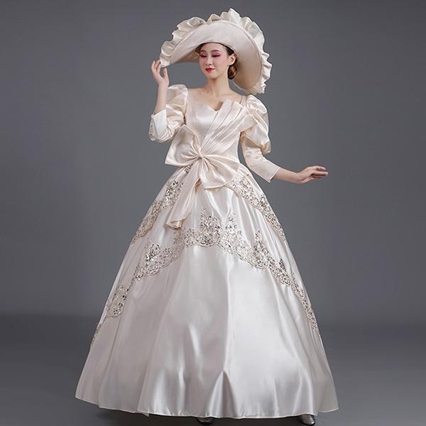 値下げ ロングドレス 貴族ドレス お姫様ドレス ドレス 中世ヨーロッパ ステージ 袖あり 盛り袖 パフスリーブ 衣装 貴婦人 ペンタゴンネック フィ スプリングフェア Carlavista Com