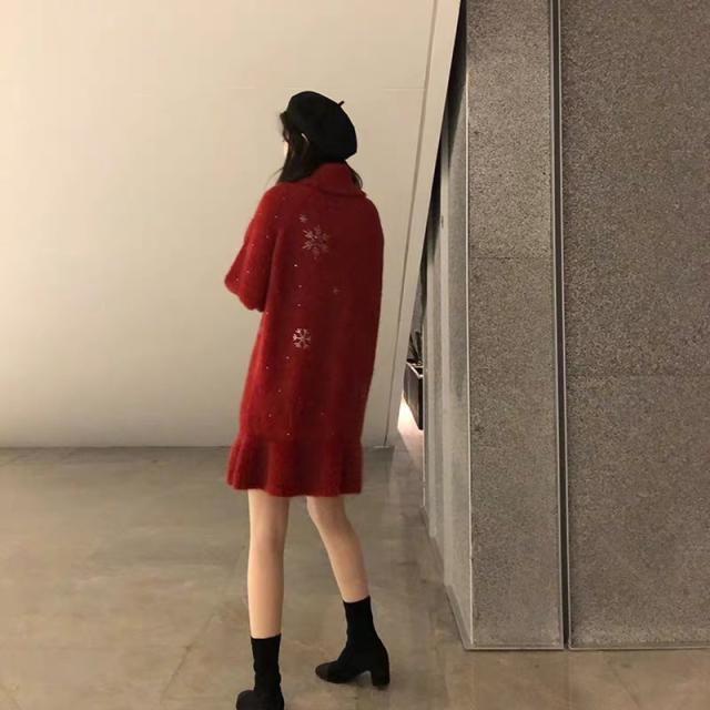 クリスマス セーター ニットワンピース ハイネック 長袖 膝上丈 秋冬 レジャーセーター 親友 プレゼント 可愛い 暖かい ワインレッド シニアファッション Www Centrodeladultomayor Com Uy