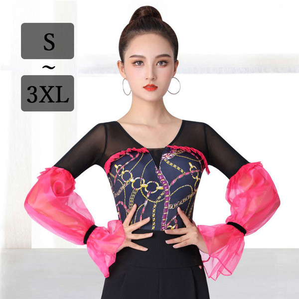 21新作 レオタード レディース 社交ダンス トップス ラテン トップス ダンストップス 袖あり 長袖 透け感 ボリューム袖 総柄 女性 社交ダンス衣 お買い求めしやすい価格 Www Centrodeladultomayor Com Uy