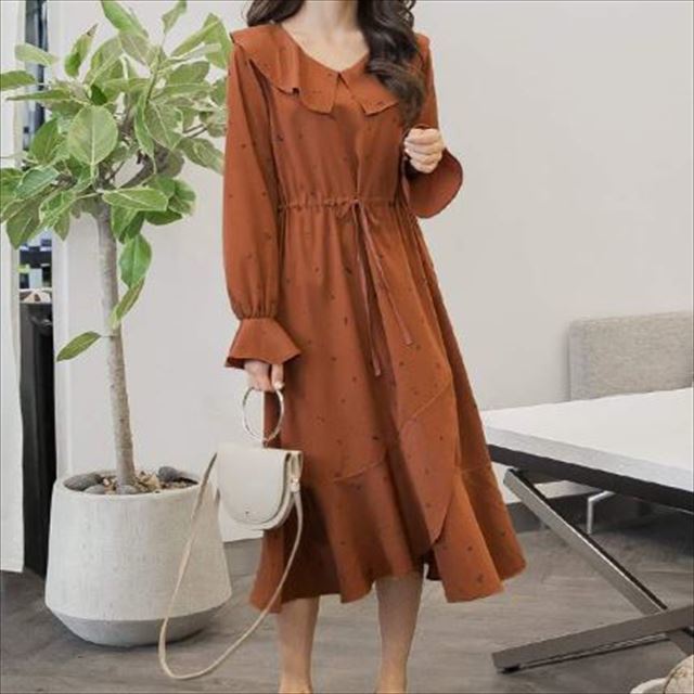 プレゼント対象商品 レディース ワンピース 春 新作 人気 トレンド ロング ミモレ丈 フリル 花柄 ベルスリーブ ウエストマーク フェミニン ガーリー 上品 史上最も激安 Www Iacymperu Org