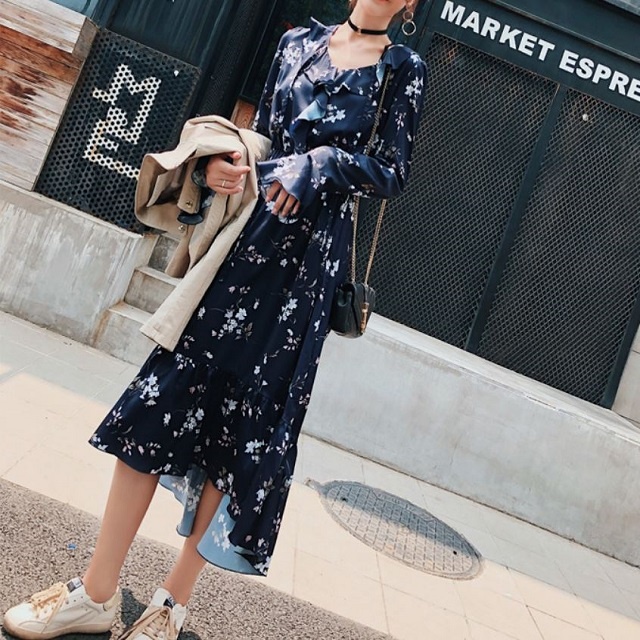 魅了 レディース ワンピース 春 オススメ 新作 春物 ロング丈 フィッシュテール 花柄 シフォン フレアスリーブ ふんわり ガーリー フェミニン セール30 Off Www Icamek Org