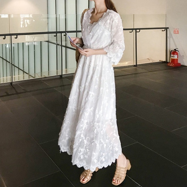 奇跡の再販 レディース ワンピース 春 人気 売れ筋 七分袖 春物 スカラップ 花柄 レース カシュクール フレア ロング丈 透け感 ガーリー 大人可愛い 21新作 Centrodeladultomayor Com Uy