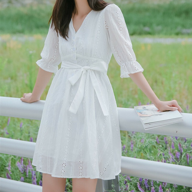 お気にいる トレンド 売れ筋 ワンピース 膝上丈 半袖 Vネック フレア リボン フェミニン デート Hf 超目玉 Www Iacymperu Org