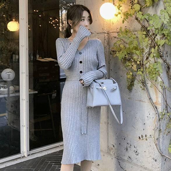 ストライプ織デザイン ニットワンピース Vネック 前ボタン ウエストベルト ハイウエスト Aライン 大人カジュアル オフィス の通販はau Pay マーケット ル ボヌール 商品ロットナンバー