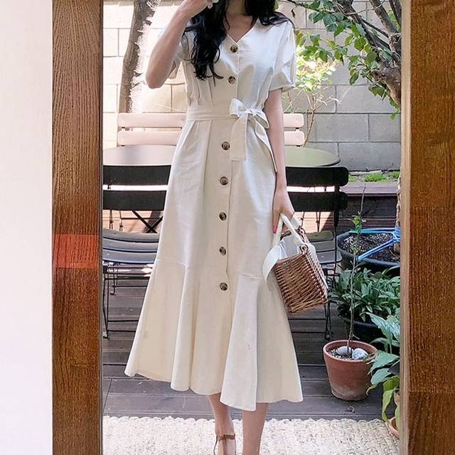 新作 半袖 膝下丈 Vネック ワンピース フィッシュテール リボン ウエストマーク デート の通販はau Wowma ワウマ ル ボヌール 商品ロットナンバー