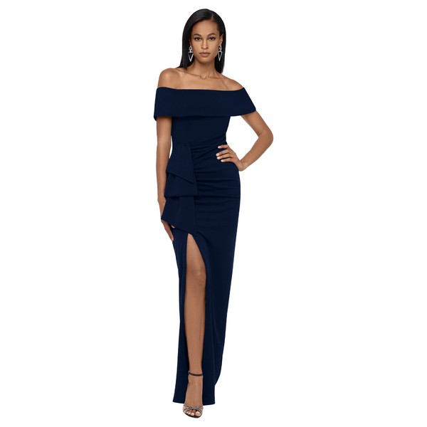 エスケープ レディース ワンピース トップス Long Off-the-Shoulder Scuba Crepe Dress with Ruffle Navy