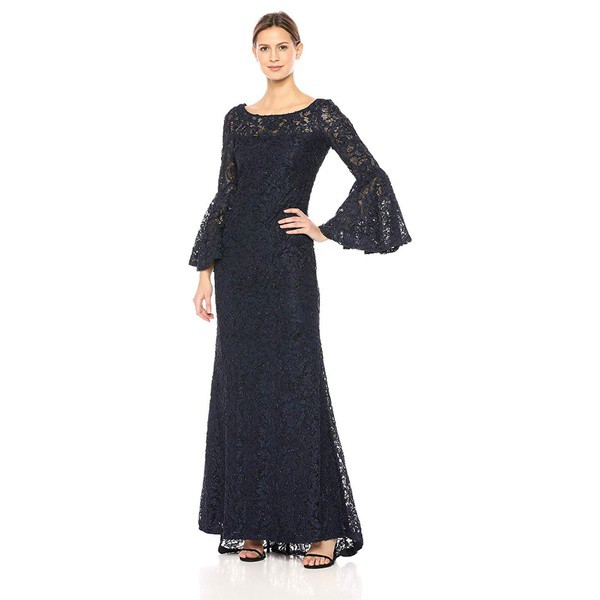 カルバンクライン レディース ワンピース トップス Women's Lace Gown with Bell Sleeves Twilight