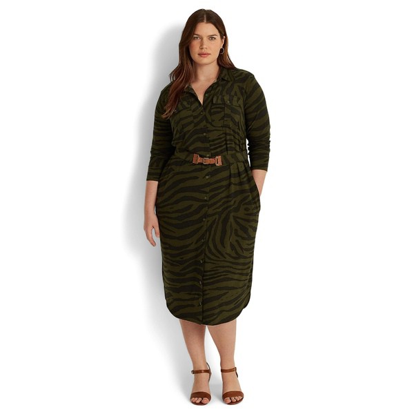 ラルフローレン レディース ワンピース トップス Plus Size Zebra-Print Stretch Jersey Shirtdress Olive Multi