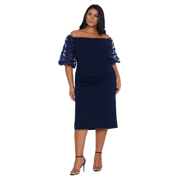 エスケープ レディース ワンピース トップス Plus Size Shift Scuba Crepe Off-the-Shoulder 3-D Flower Navy