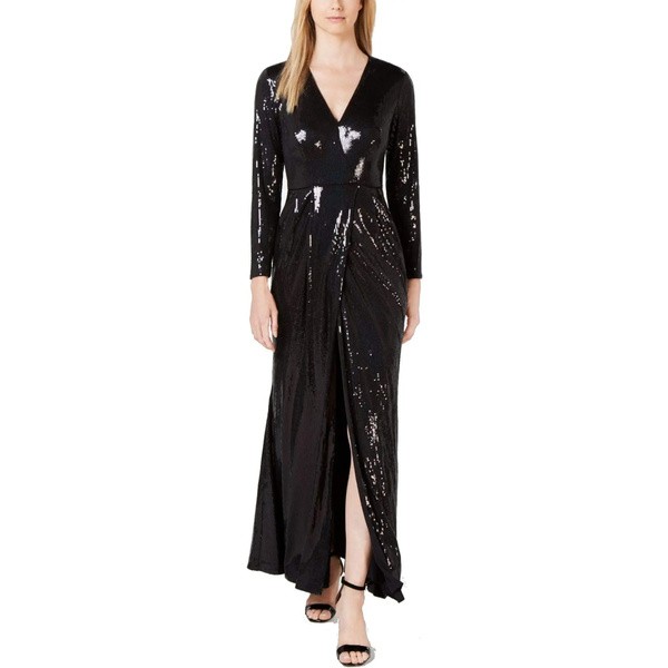 カルバンクライン レディース ワンピース トップス Women's Long Sleeve Sequin Gown with Cross Front V Neckline Black