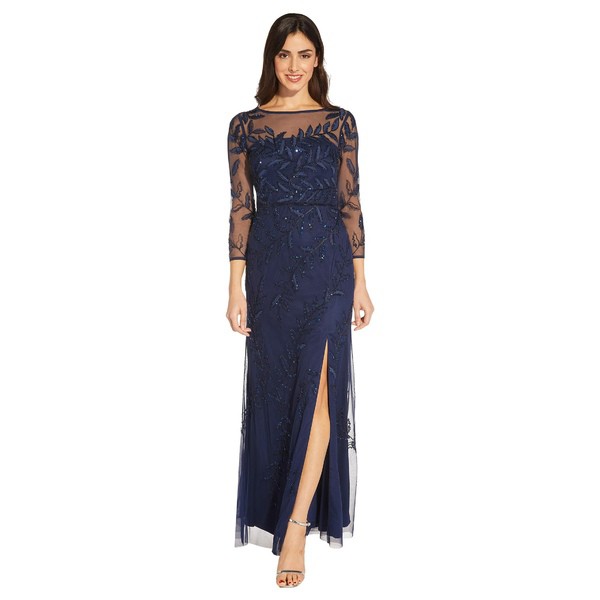 アドリアナ パペル レディース ワンピース トップス Long Sleeve Fully Beaded Mob Column Gown Light Navy