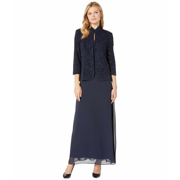 アレックスイブニングス レディース ワンピース トップス Long Jacquard Knit Jacket Dress with Mandarin Collar Jacket Navy