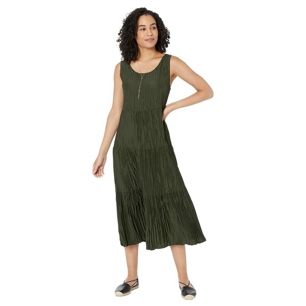 エイリーンフィッシャー レディース ワンピース トップス Full-Length Tiered Dress in Crushed Silk Seaweed