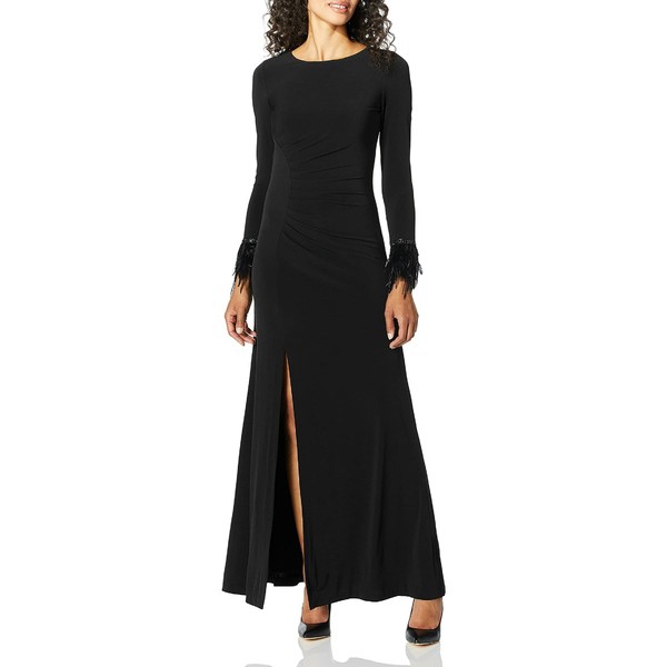 カルバンクライン レディース ワンピース トップス Calvin Klein Women's Long Sleeve Gown with Feather Trim Black