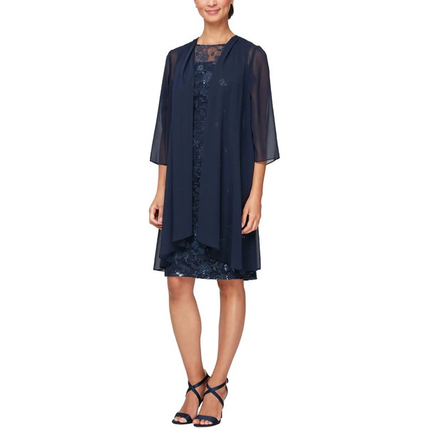 アレックスイブニングス レディース ワンピース トップス Short Embroidered Dress with Elongated Illusion Jacket Navy