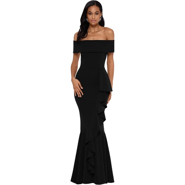 ベッツィ アンド アダム レディース ワンピース トップス Long Over-the-Shoulder Cascade Ruffle Gown Black