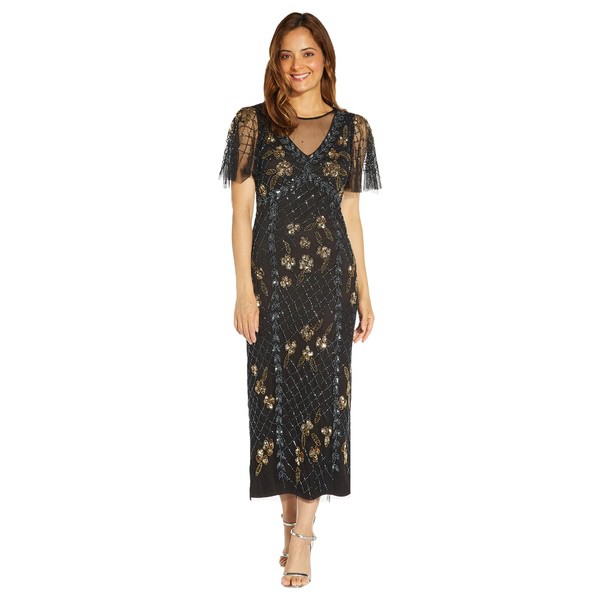 アドリアナ パペル レディース ワンピース トップス Flutter Sleeve Ankle Length Beaded Dress Black Gold