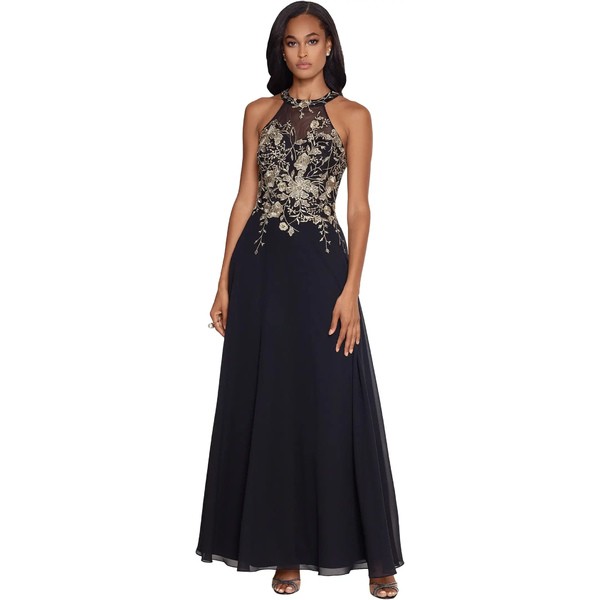 ベッツィ アンド アダム レディース ワンピース トップス Long Embroidered Halter Chiffon Gown Black/Gold