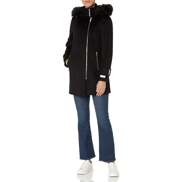 カルバンクライン レディース コート アウター Womens Zip Front Wool with Faux Fur Hood Black