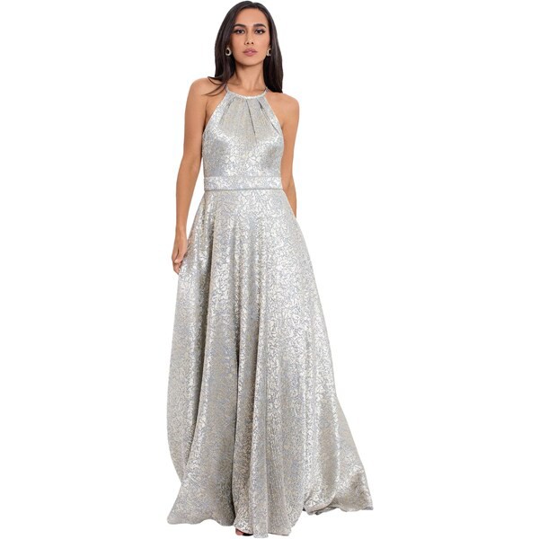 ベッツィ アンド アダム レディース ワンピース トップス Long Halter Metallic Foil Print Gown Grey/Gold