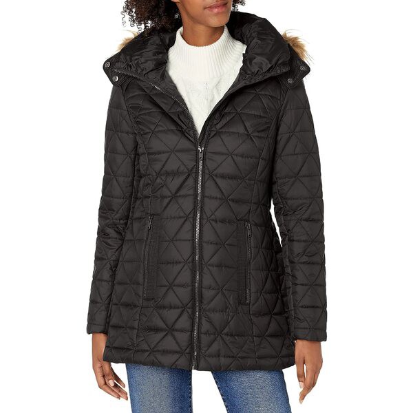 マークニューヨーク レディース コート アウター Womens Chevron Quilted Down Jacket with Removable Faux Fur Hood Black