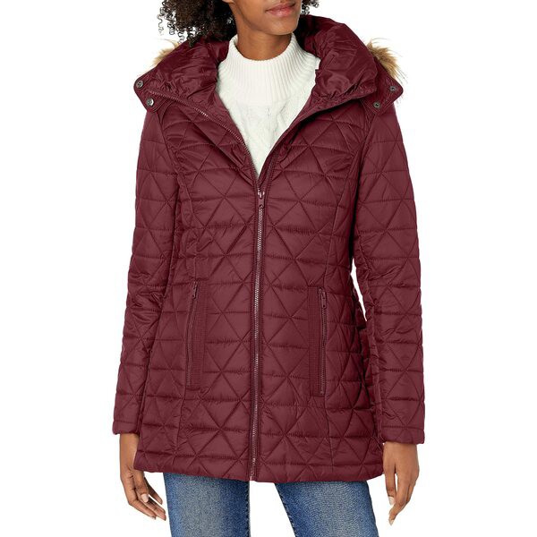 マークニューヨーク レディース コート アウター Womens Chevron Quilted Down Jacket with Removable Faux Fur Hood Burgundy