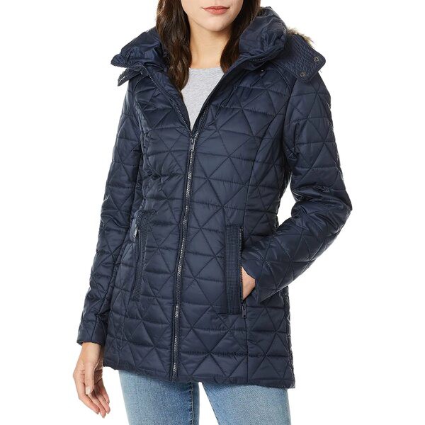 マークニューヨーク レディース コート アウター Womens Chevron Quilted Down Jacket with Removable Faux Fur Hood Navy