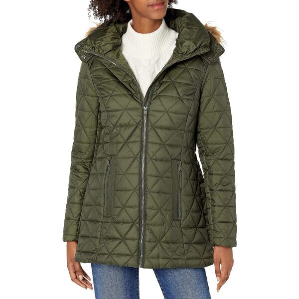 マークニューヨーク レディース コート アウター Womens Chevron Quilted Down Jacket with Removable Faux Fur Hood Olive