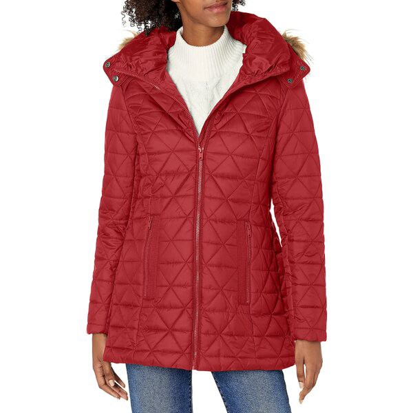 マークニューヨーク レディース コート アウター Womens Chevron Quilted Down Jacket with Removable Faux Fur Hood Red